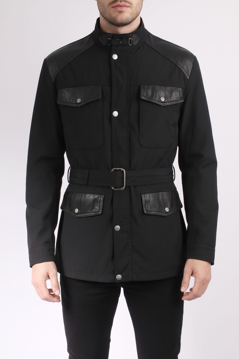 VERSACE Black Leather Coat Belted Double Zip Jacket