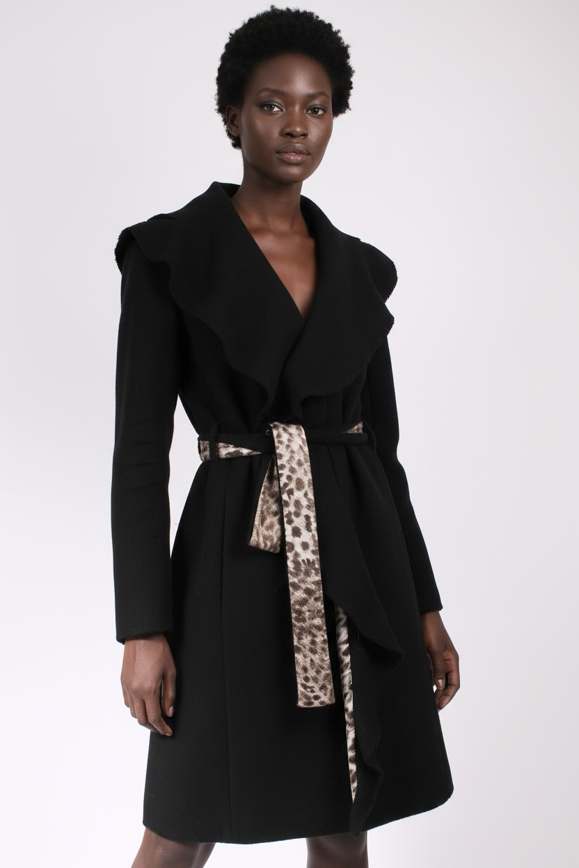 CAVALLI Black Wool Coat-Leopard lining