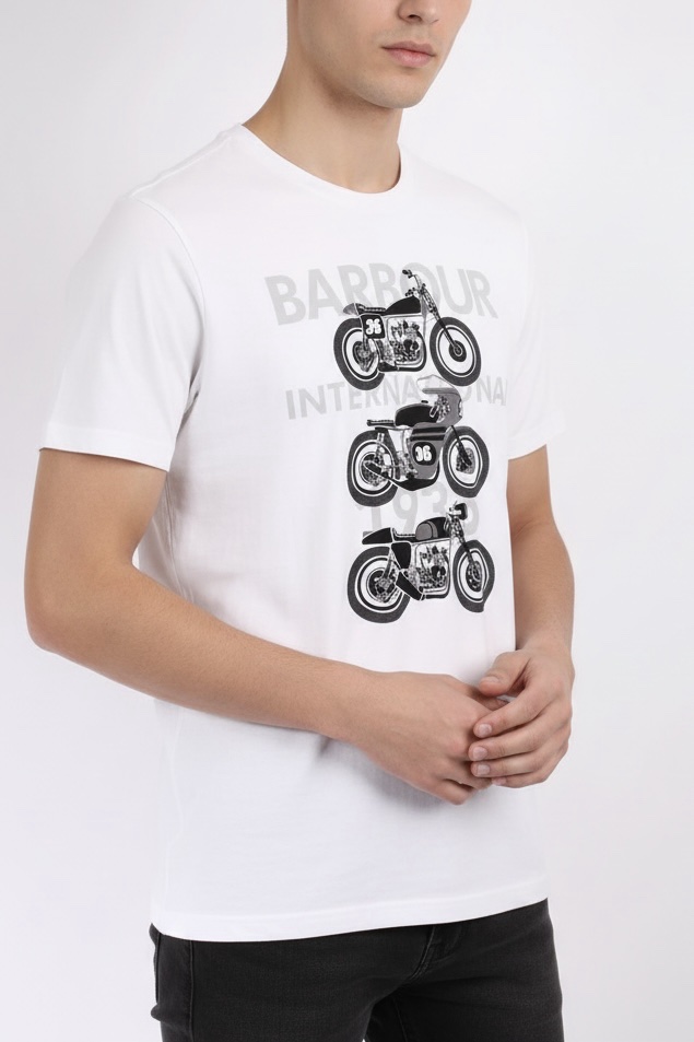 BARBOUR Graphic T-Shirt White Motorcycle Print